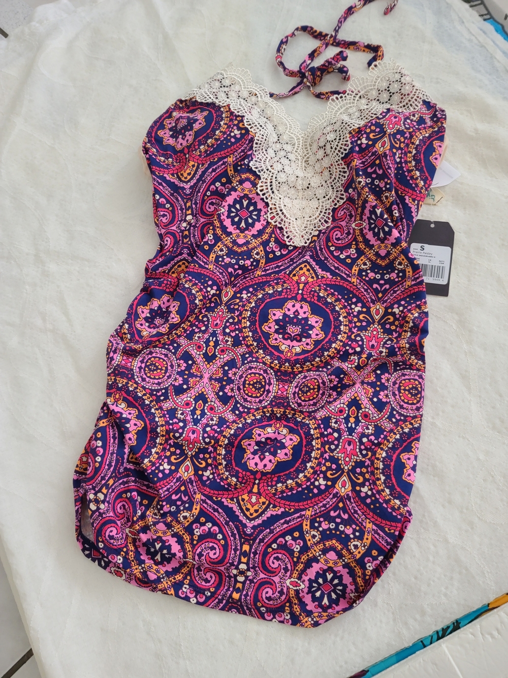 Women’s Purple Paisley Lace-Trim Halter Swimsuit - Unbranded